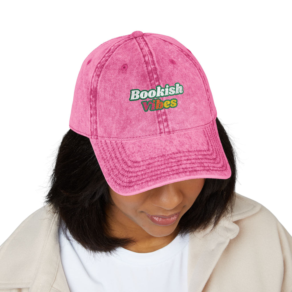 Very Bookish Vibes Embroidered Vintage Cap — Pink Washed Baseball Hat