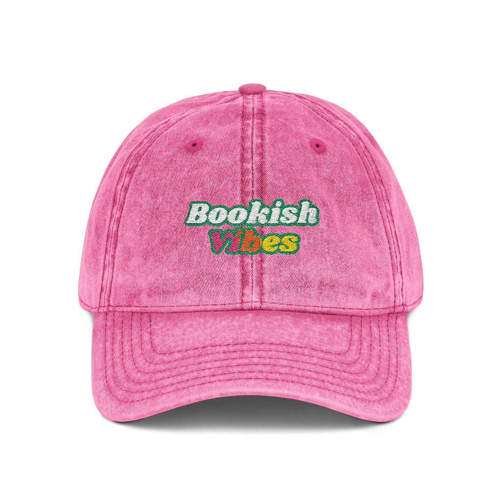 Very Bookish Vibes Embroidered Vintage Cap — Pink Washed Baseball Hat