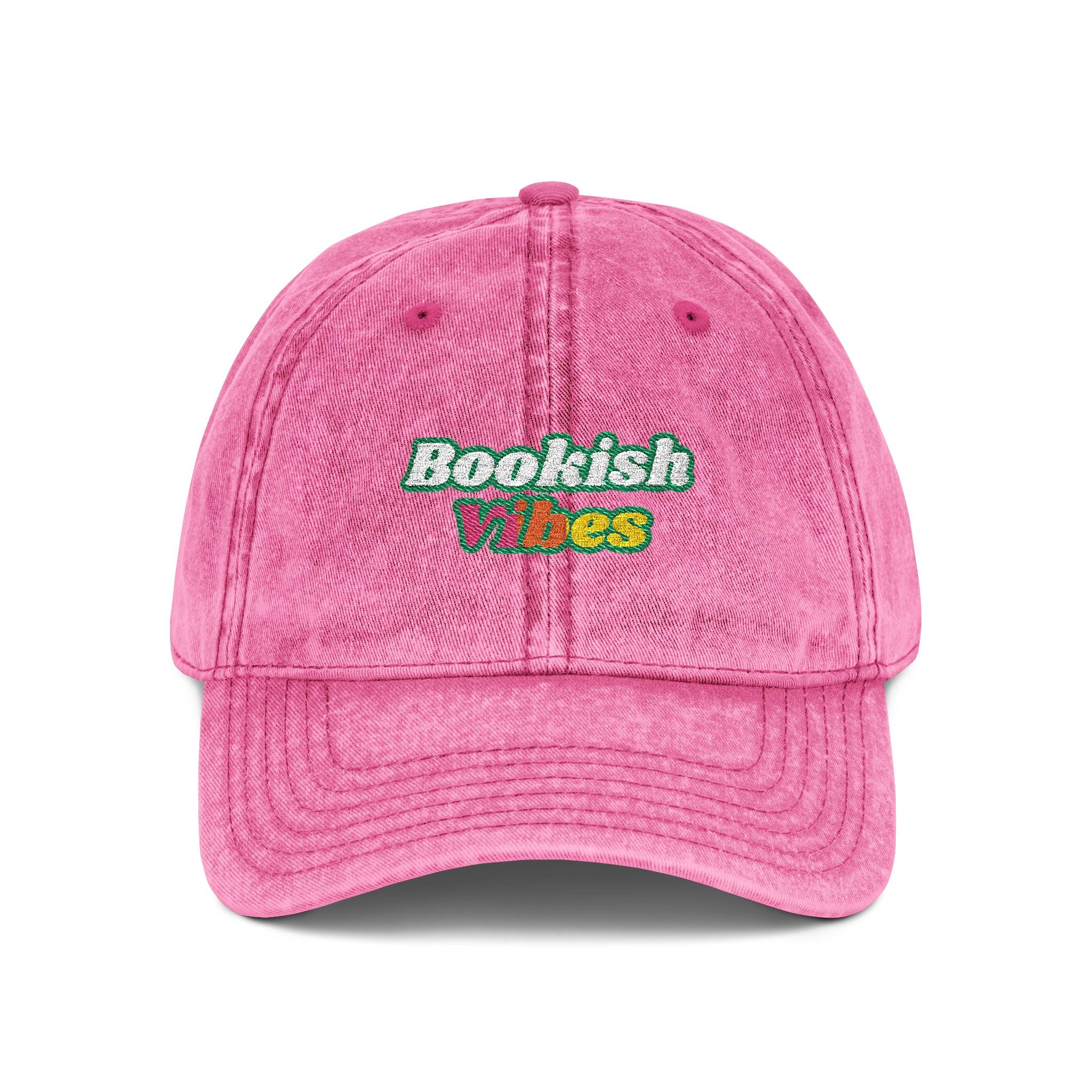 Very Bookish Vibes Embroidered Vintage Cap — Pink Washed Baseball Hat